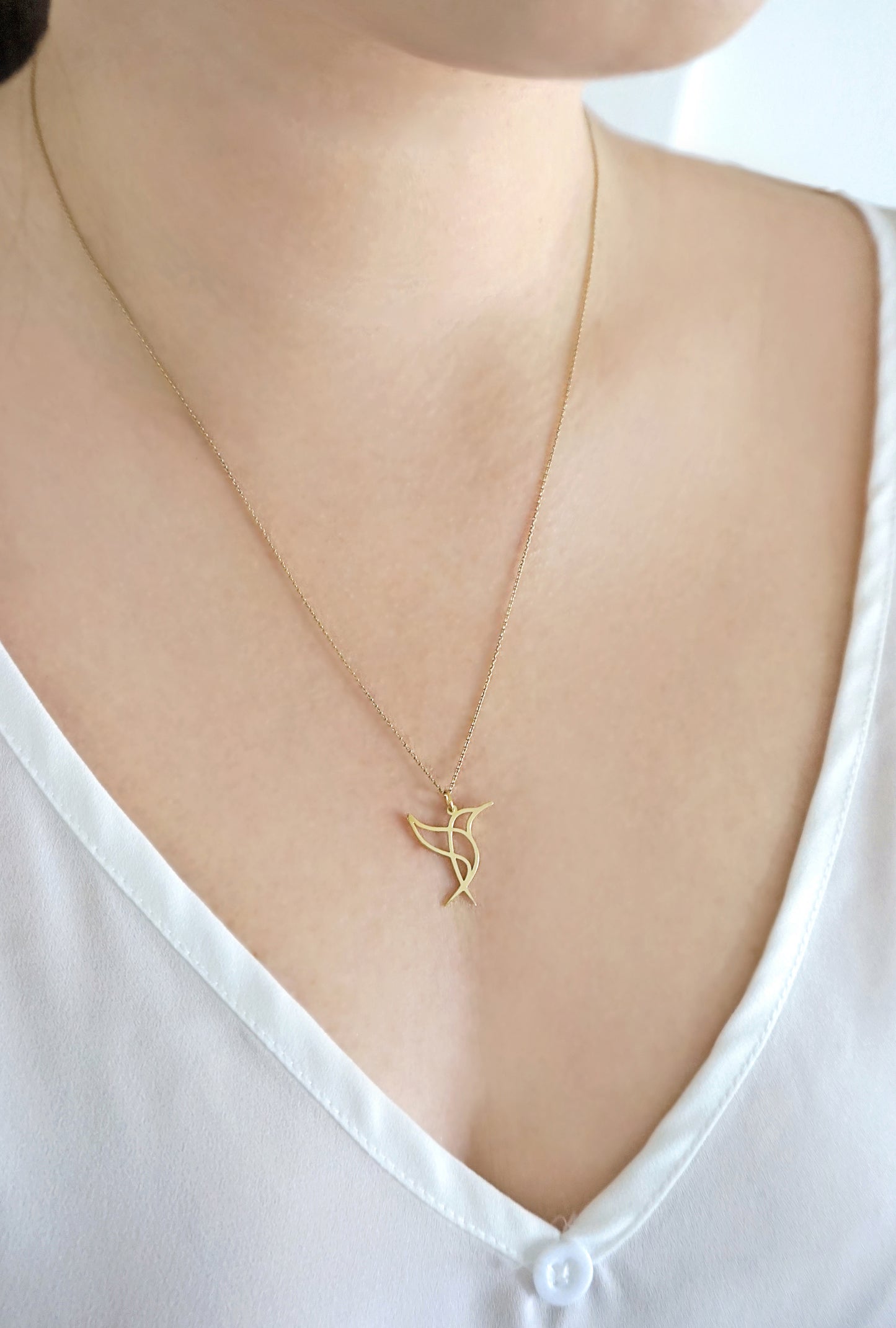 14K 9K Solid Gold Hummingbird Origami Pendant Necklace