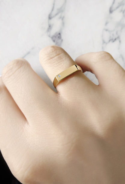 Tiny Diamond Bar Signet Ring in Solid Gold