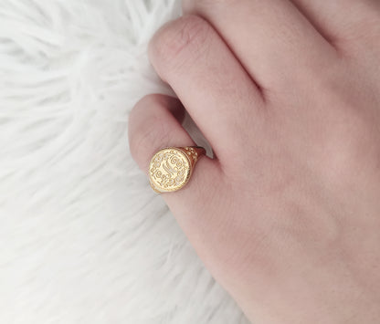 Personalized Initials Floral Art Nouveau Signet Ring in Solid Gold