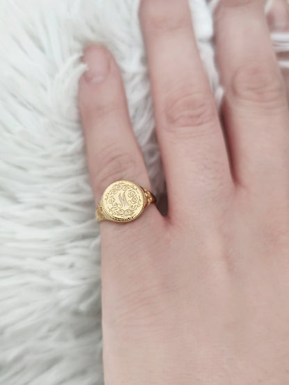 Personalized Initials Floral Art Nouveau Signet Ring in Solid Gold