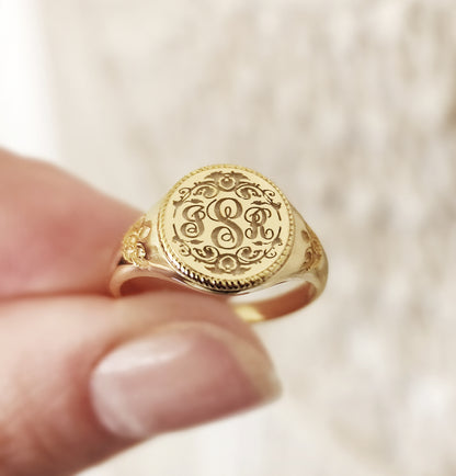 Personalized Initials Floral Art Nouveau Signet Ring in Solid Gold