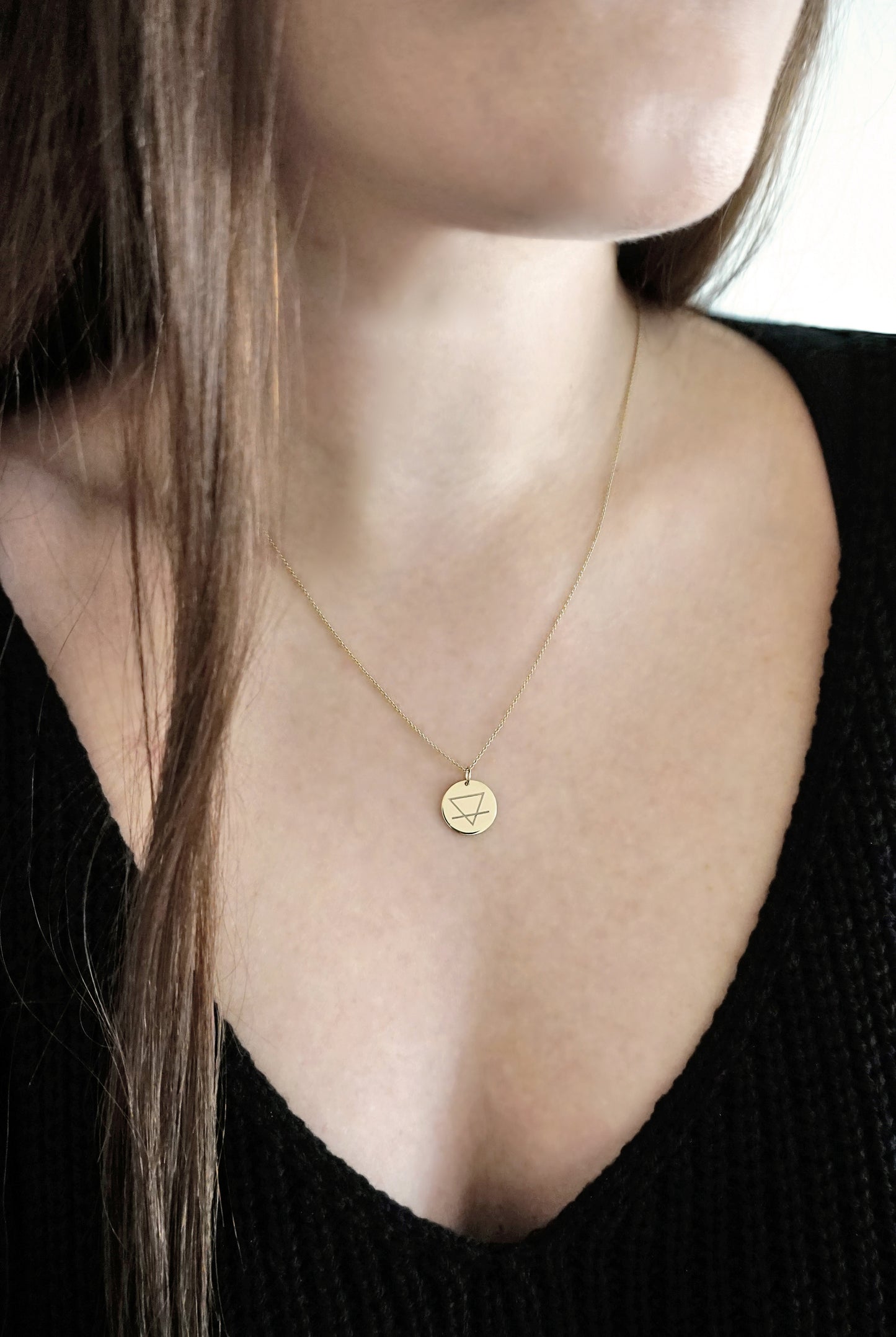 14K 9K Solid Gold Earth Alchemy Element Disc Pendant Necklace