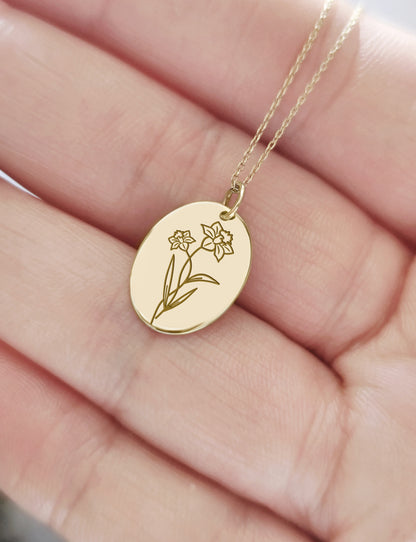 Daffodil Jonquil March Birth Month Flower Pendant Necklace in Solid Gold
