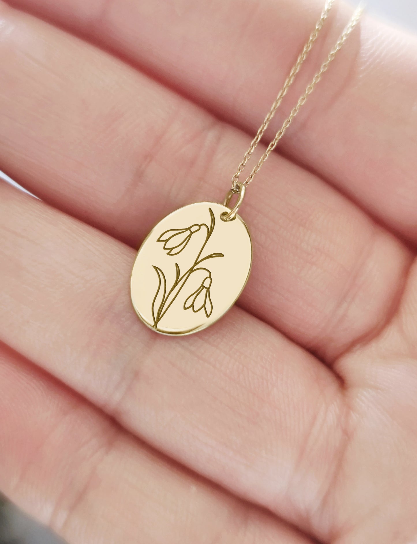 Snowdrop Carnation January Birth Month Flower Pendant Necklace in Solid Gold