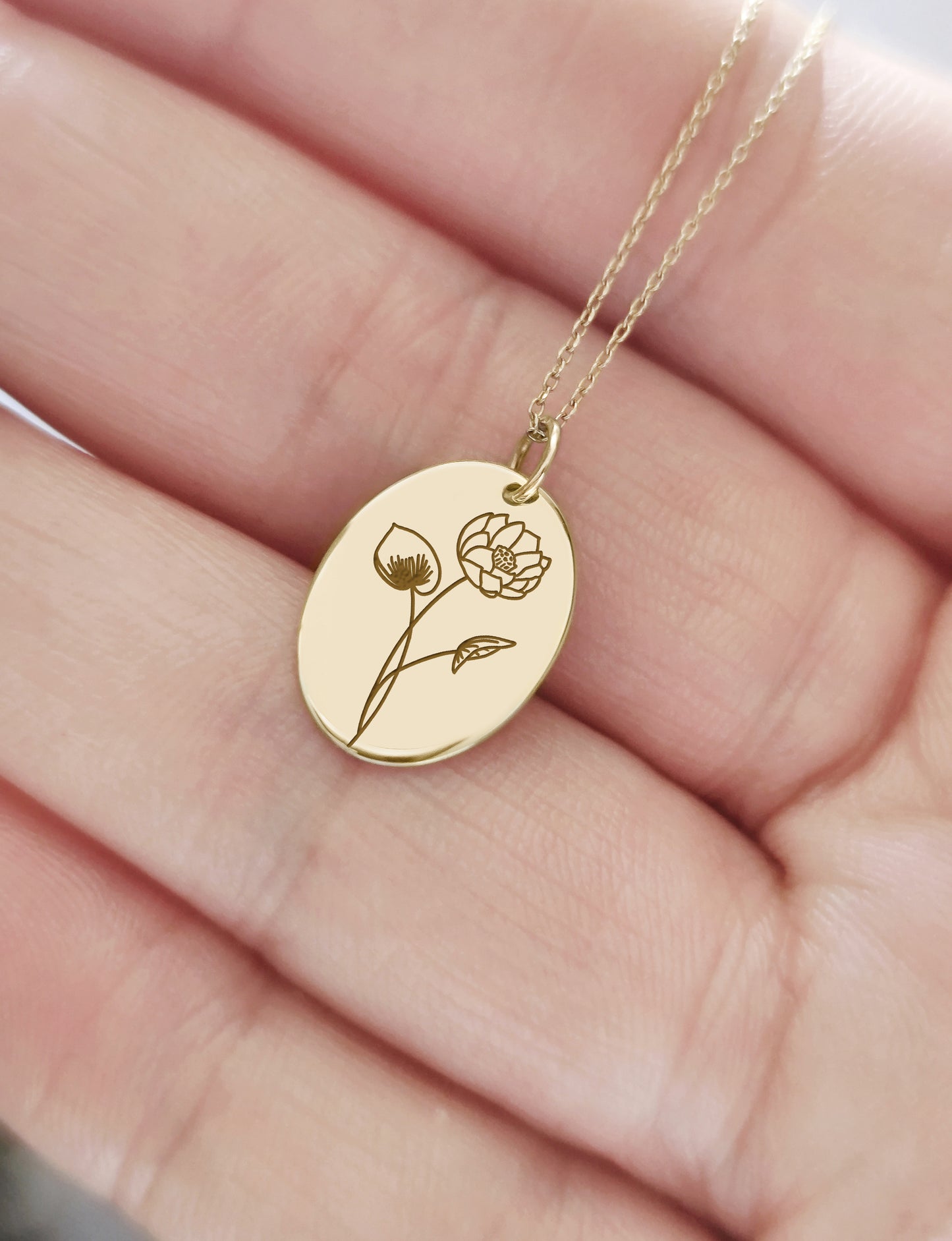 Water Lily Larkspur July Birth Month Flower Pendant Necklace in Solid Gold