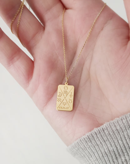 Personalized Sun Moon Ascendant Zodiac Signs Chart Pendant Necklace in Solid Gold