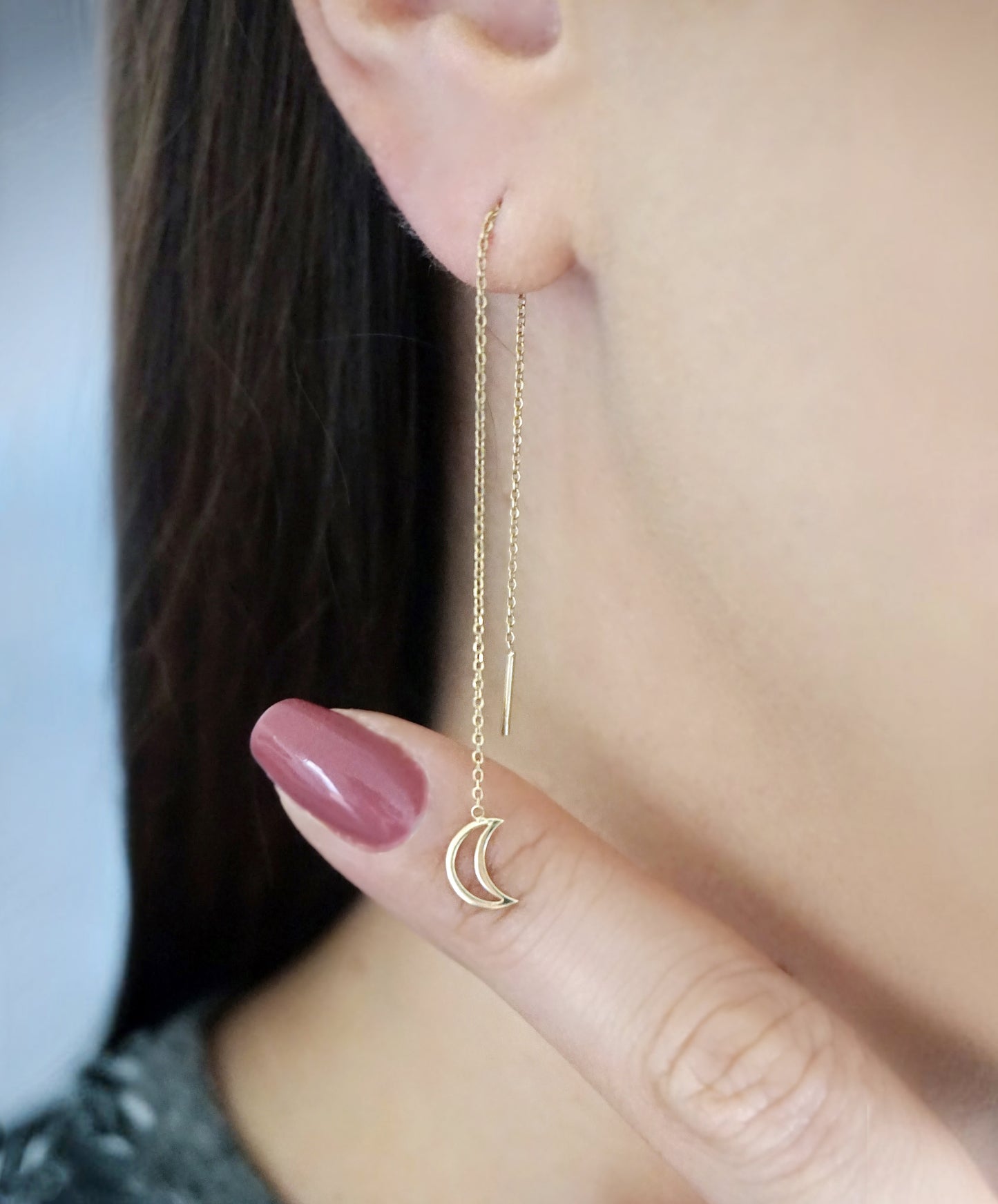 Solid Gold Threader Earrings with a Tiny Crescent Moon