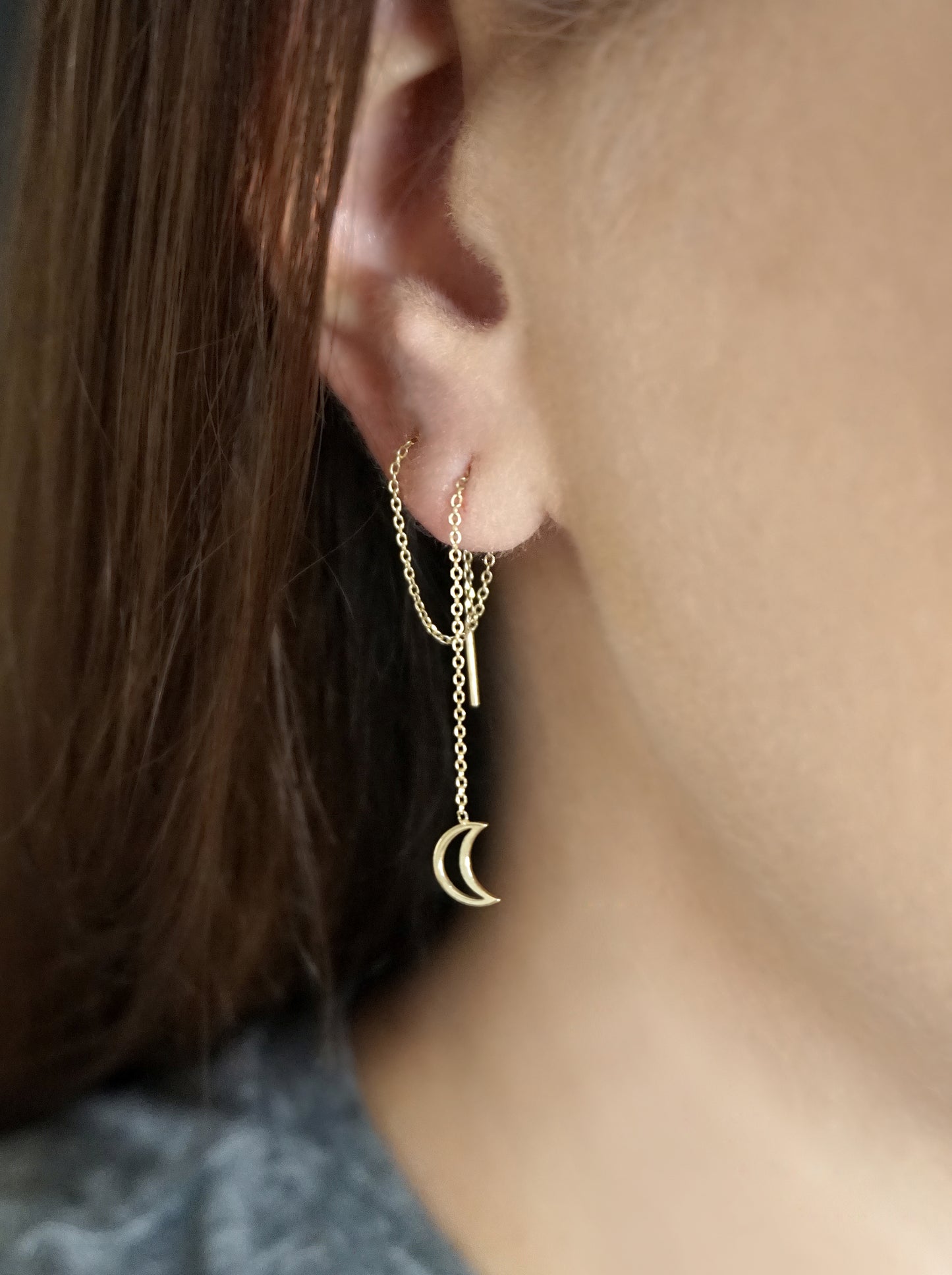 Solid Gold Threader Earrings with a Tiny Crescent Moon