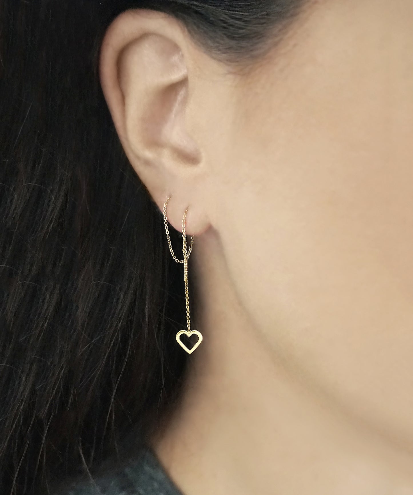 Solid Gold Threader Earrings with a Dainty Heart