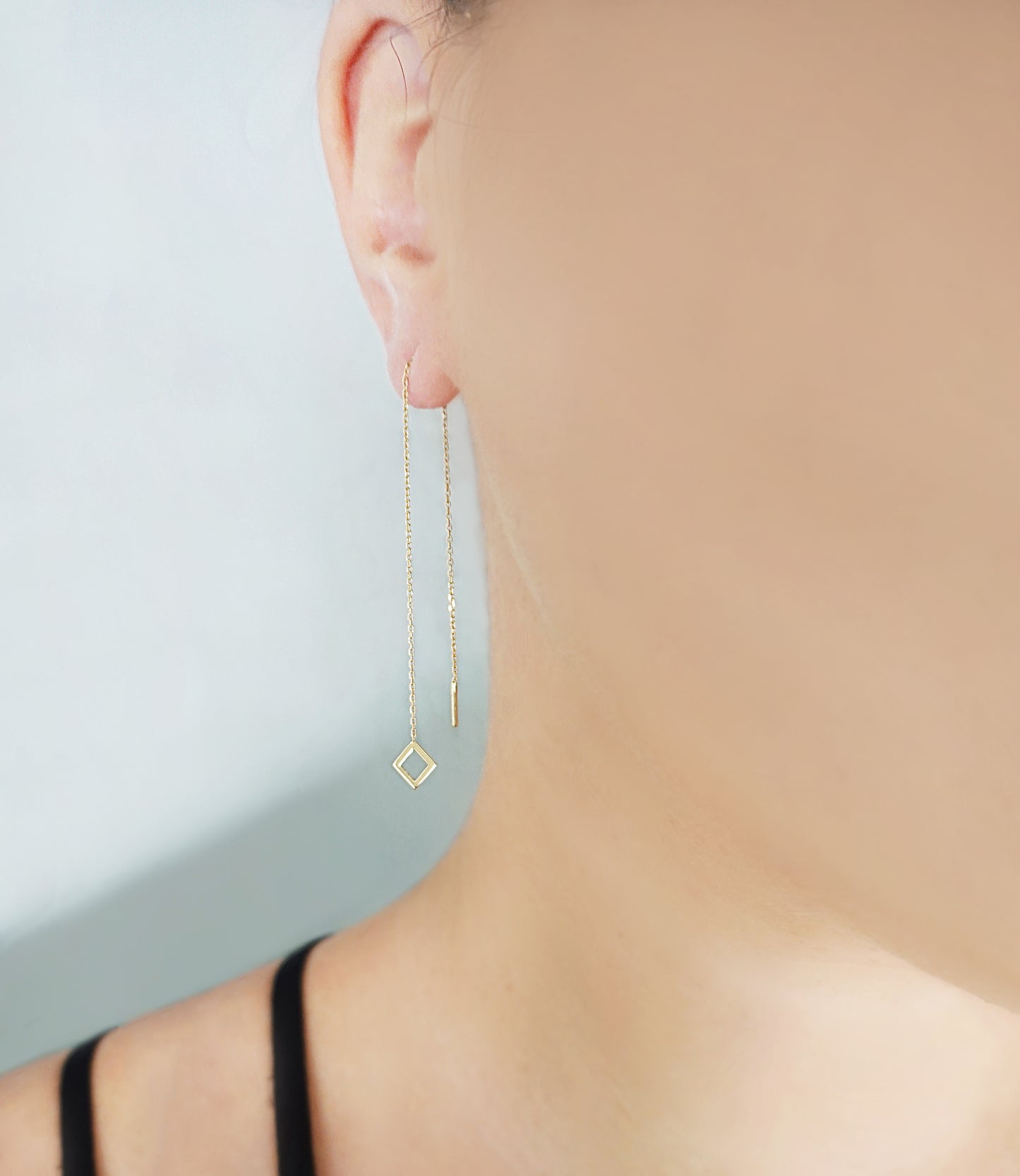 Solid Gold Threader Earrings with a Dainty Rhombus
