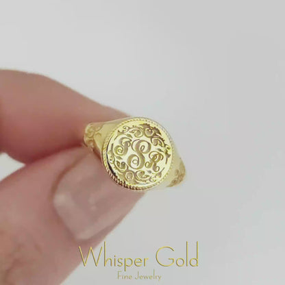 Personalized Initials Floral Art Nouveau Signet Ring in Solid Gold