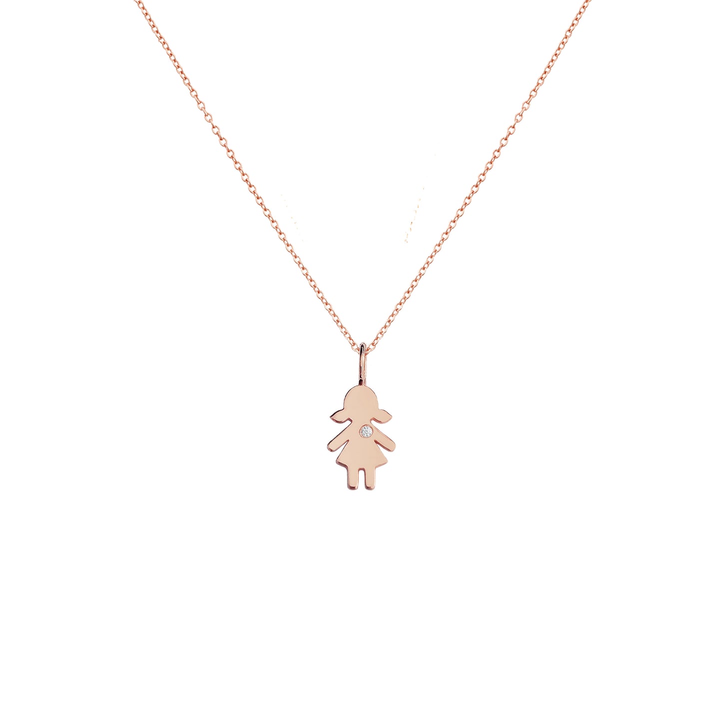 solid rose gold necklace with tiny girl outline charm set with tiny diamond