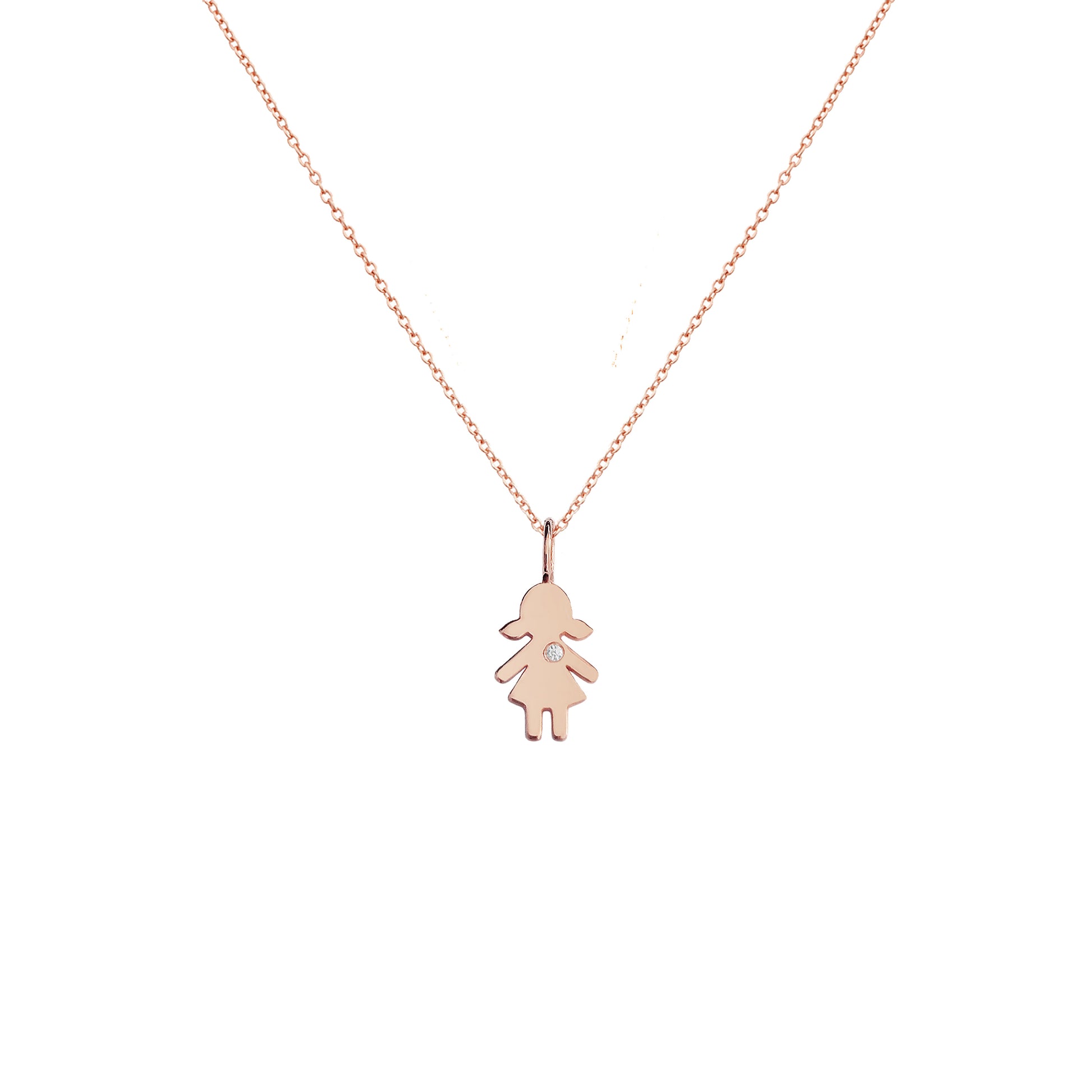 solid rose gold necklace with tiny girl outline charm set with tiny diamond