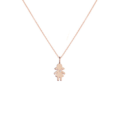 solid rose gold necklace with tiny girl outline charm set with tiny diamond