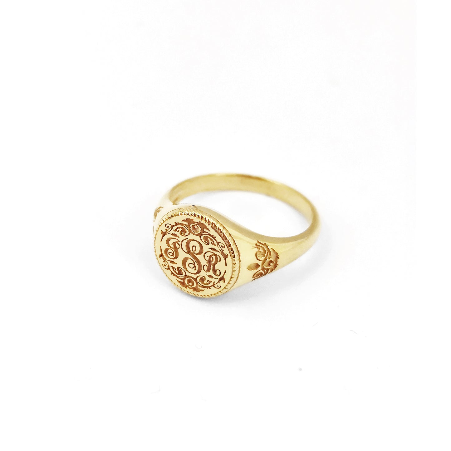 Personalized Initials Floral Art Nouveau Signet Ring in Solid Gold