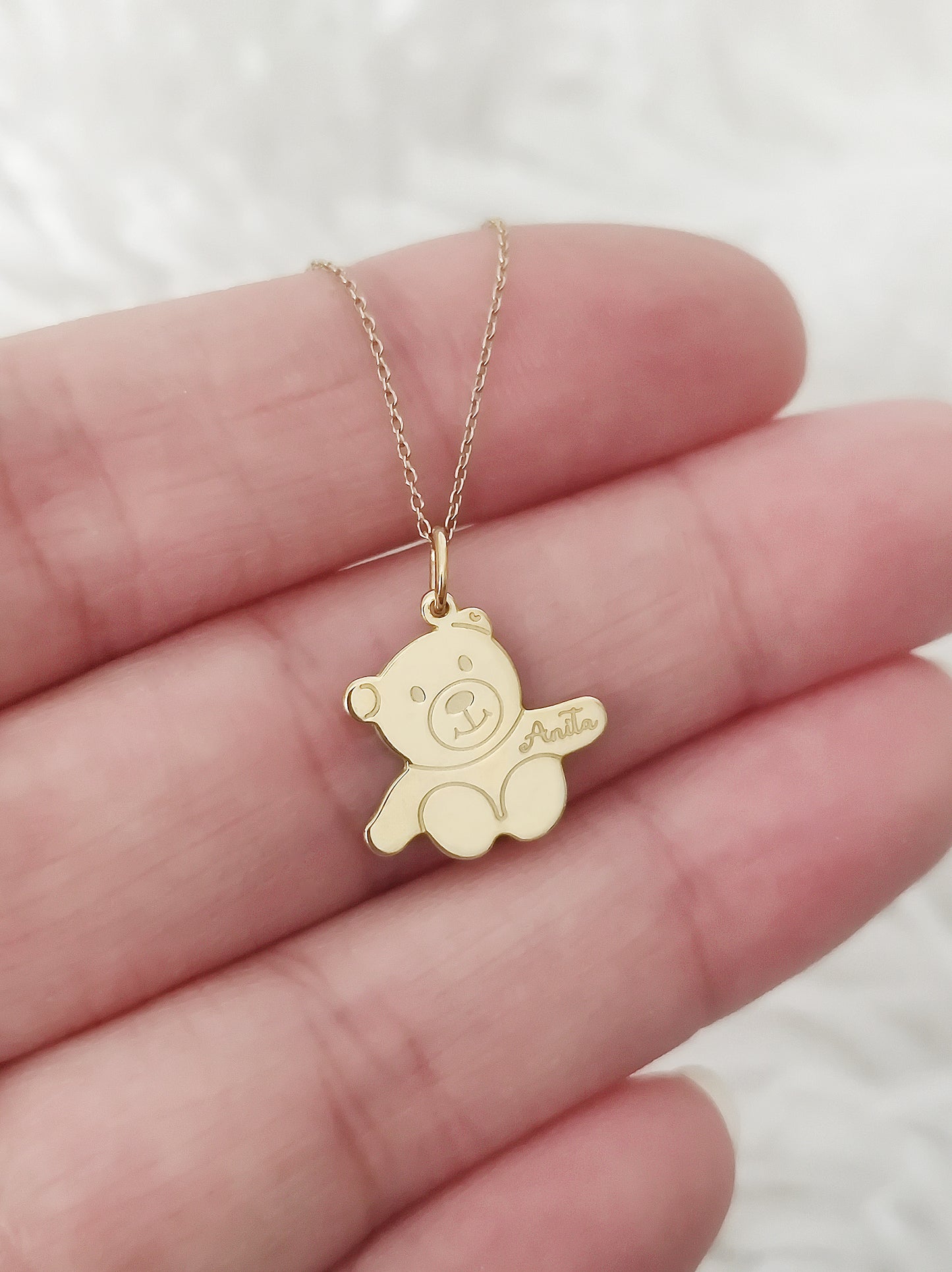 14K 9K Solid Gold Personalized Name Teddy Bear Pendant Charm Necklace
