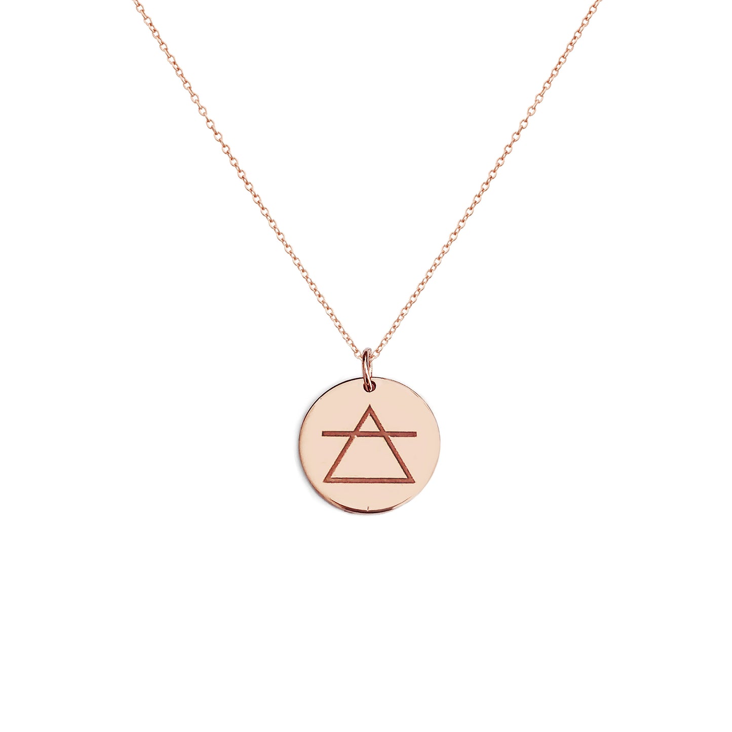 solid rose gold necklace with a 14mm disc pendant engraved with the air element