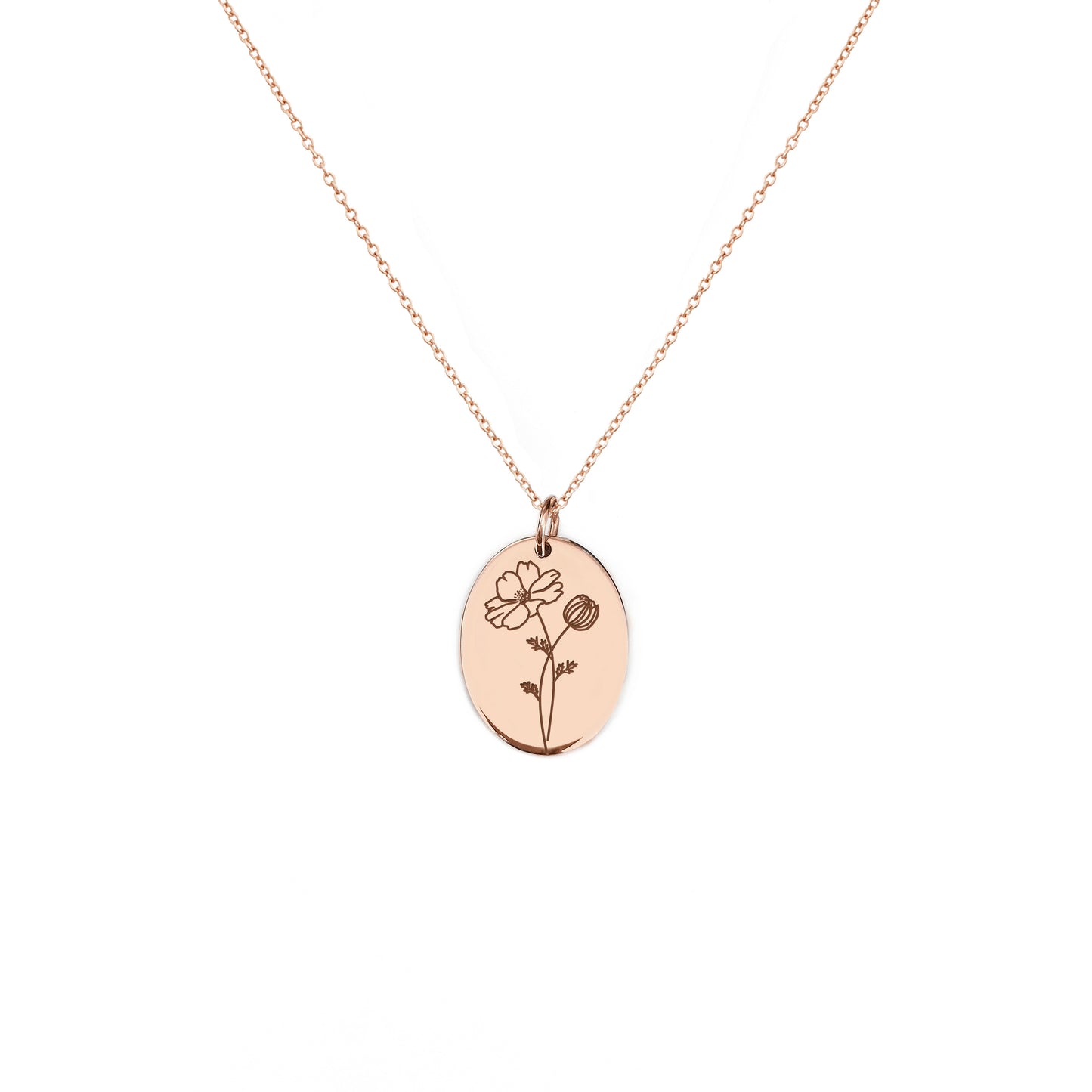 solid rose gold oval pendant necklace engraved with a Cosmos the birth flower of October