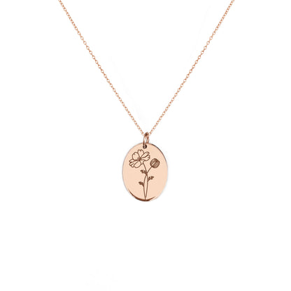 solid rose gold oval pendant necklace engraved with a Cosmos the birth flower of October