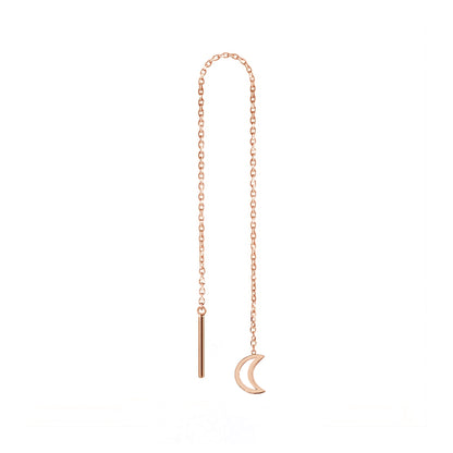 solid rose gold single threader pull through earring with tiny a crescent moon