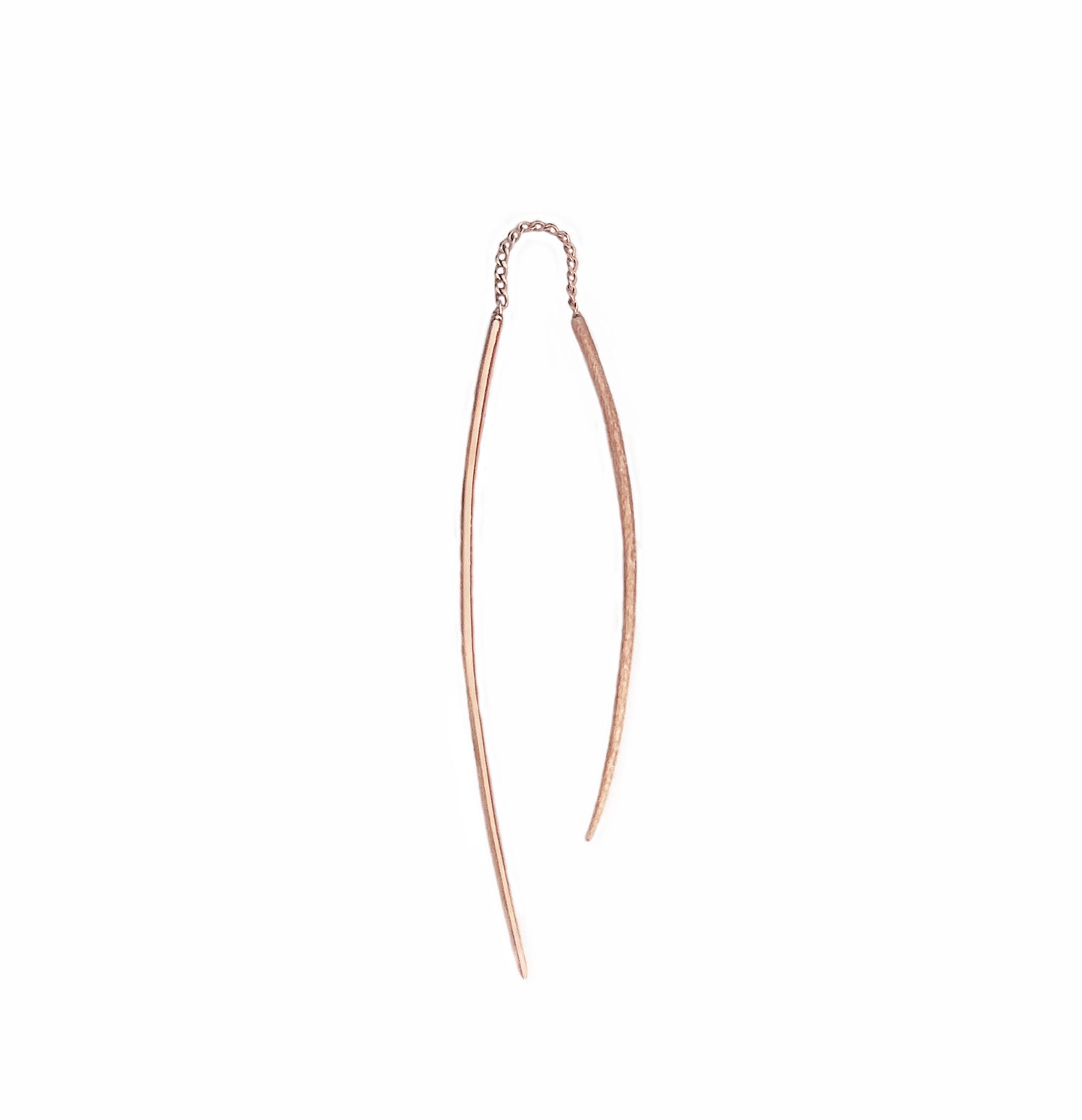 solid rose gold single swing threader earring with one matte curved bar and one longer polished curved bar 