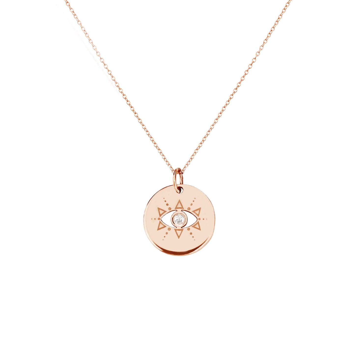 solid rose gold evil eye disc pendant necklace set with a diamond in the center