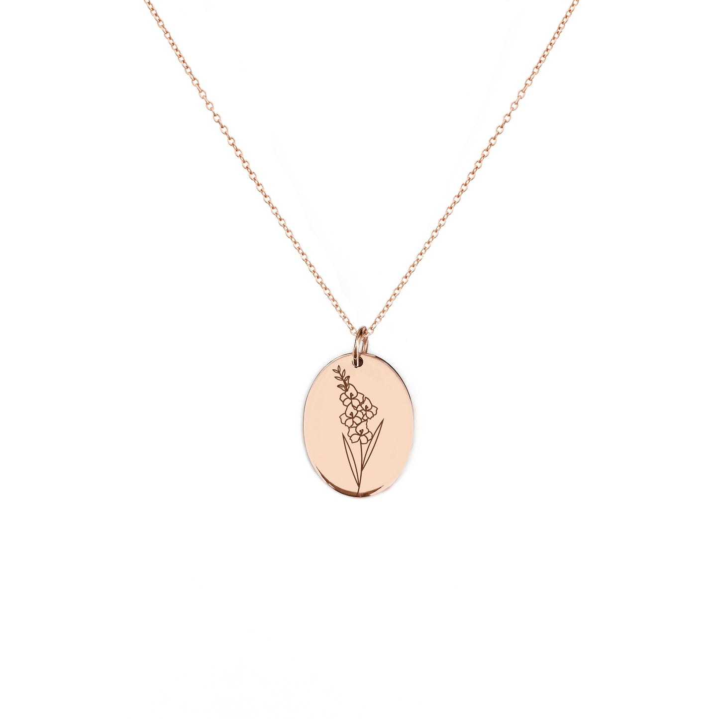 solid rose gold oval pendant necklace engraved with a Gladiolus the birth flower of August