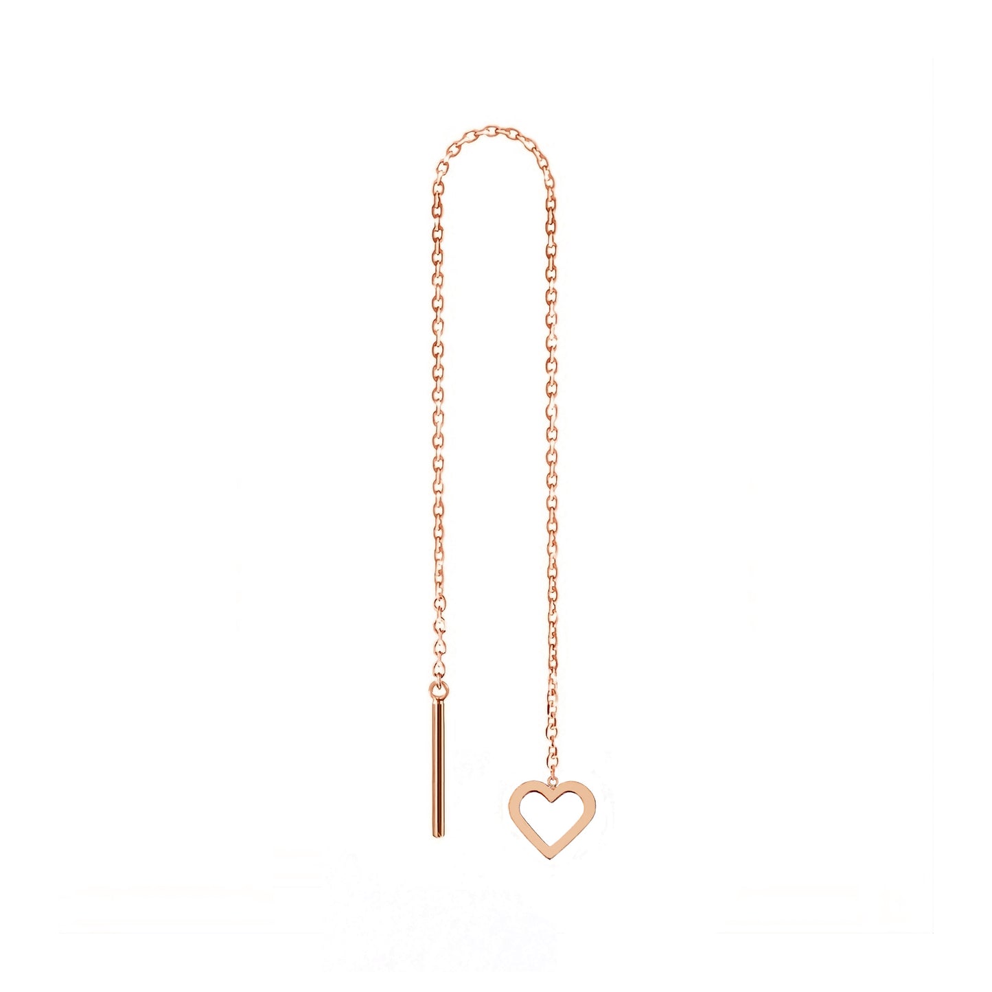 solid rose gold single threader pull through earrings with tiny hearts