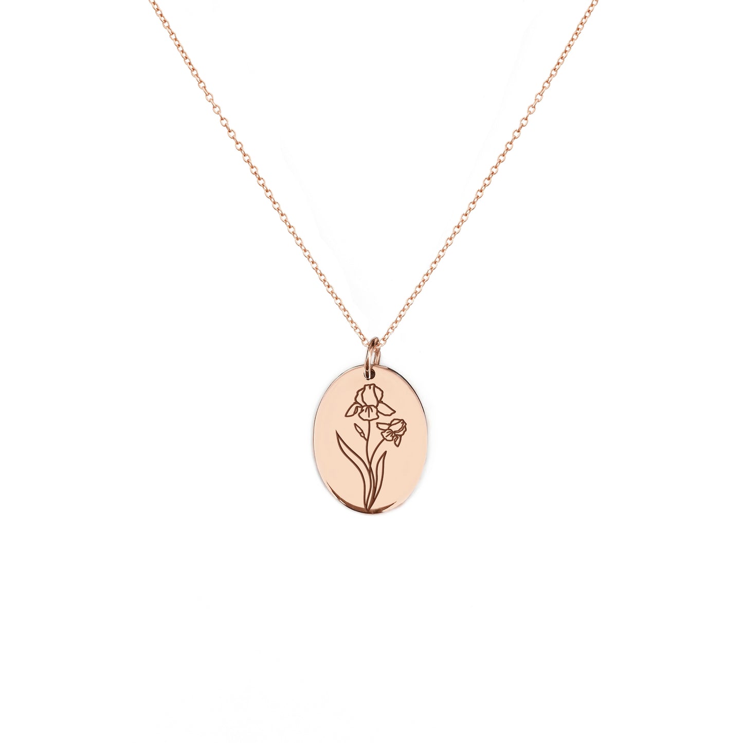 solid rose gold oval pendant necklace engraved with an Iris the birth flower of February