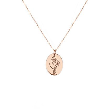 solid rose gold oval pendant necklace engraved with an Iris the birth flower of February