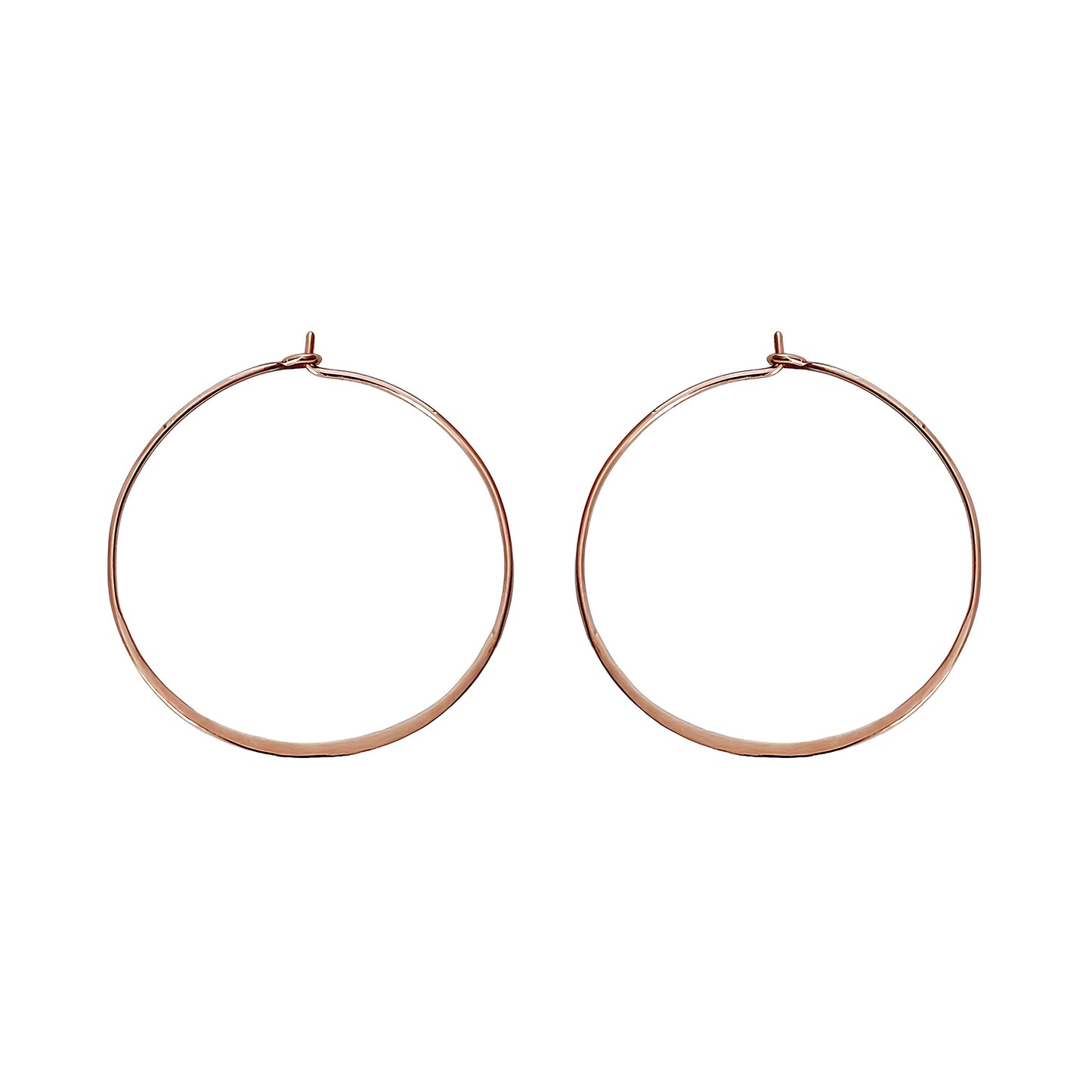 pair of solid rose gold thin hoop earrings 40mm diameter with flattened bottom