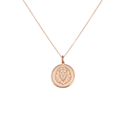 solid rose gold disc pendant necklace engraved with a lion head and a circle frame around it