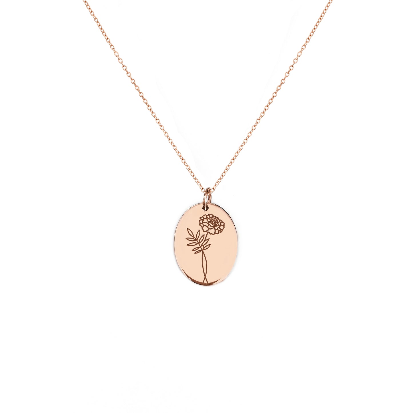 solid rose gold oval pendant necklace engraved with a Marigold the birth flower of October