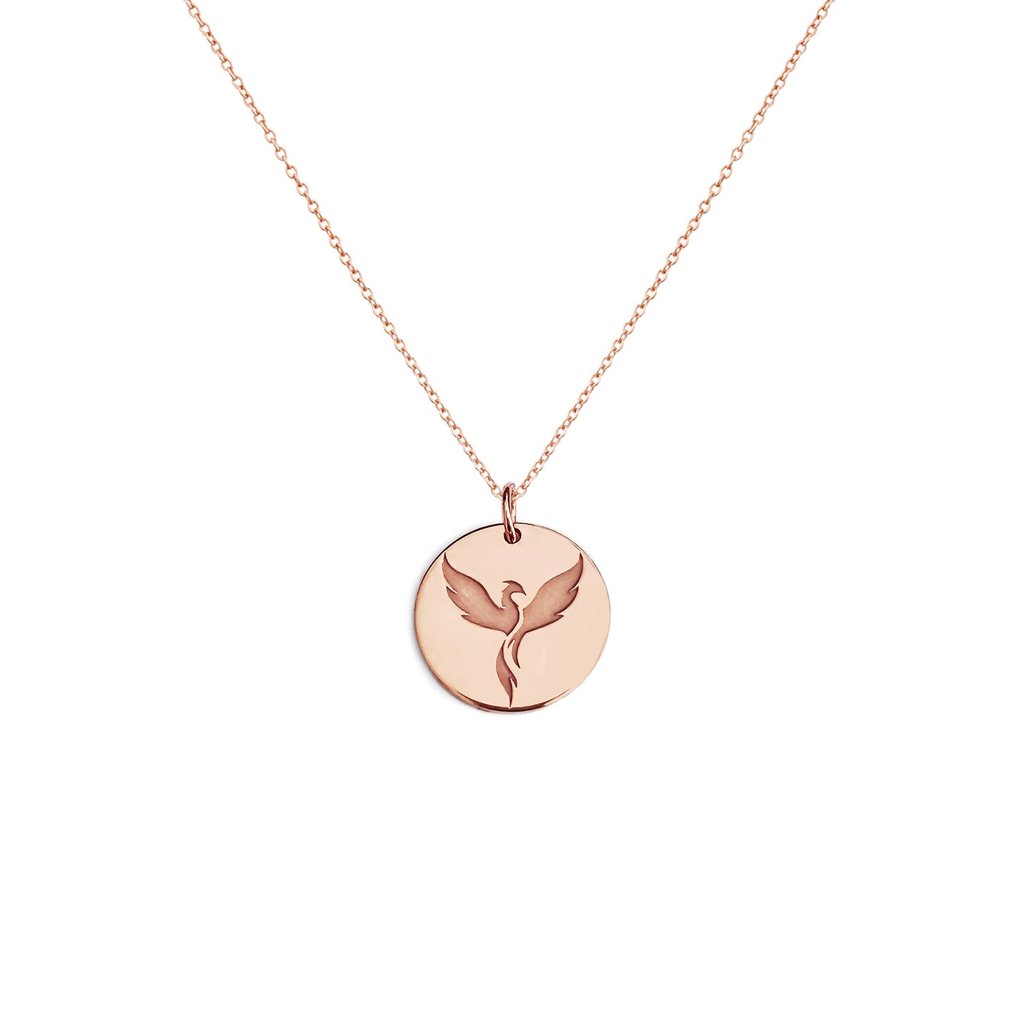 solid rose gold necklace with a 14mm diameter disc pendant engraved with a phoenix firebird