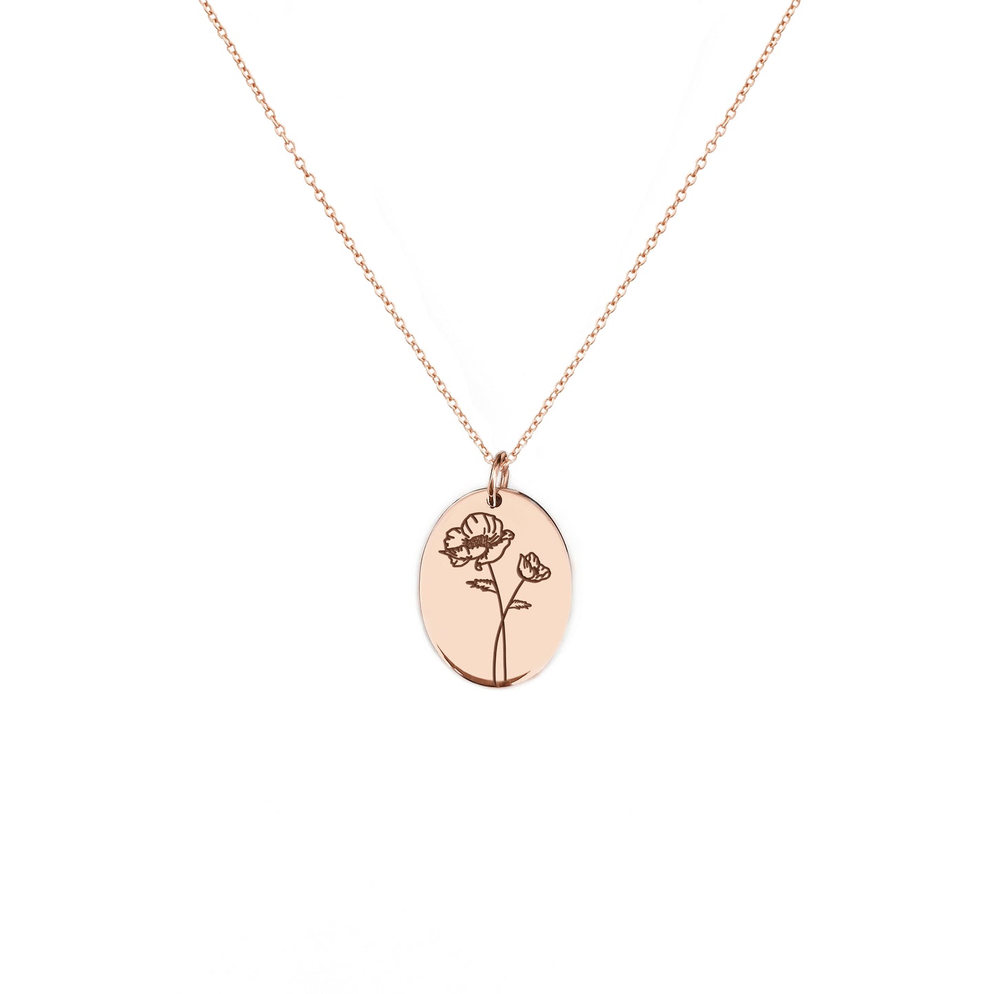 solid rose gold oval pendant necklace engraved with a Poppy the birth flower of August