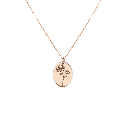 solid rose gold oval pendant necklace engraved with a Poppy the birth flower of August