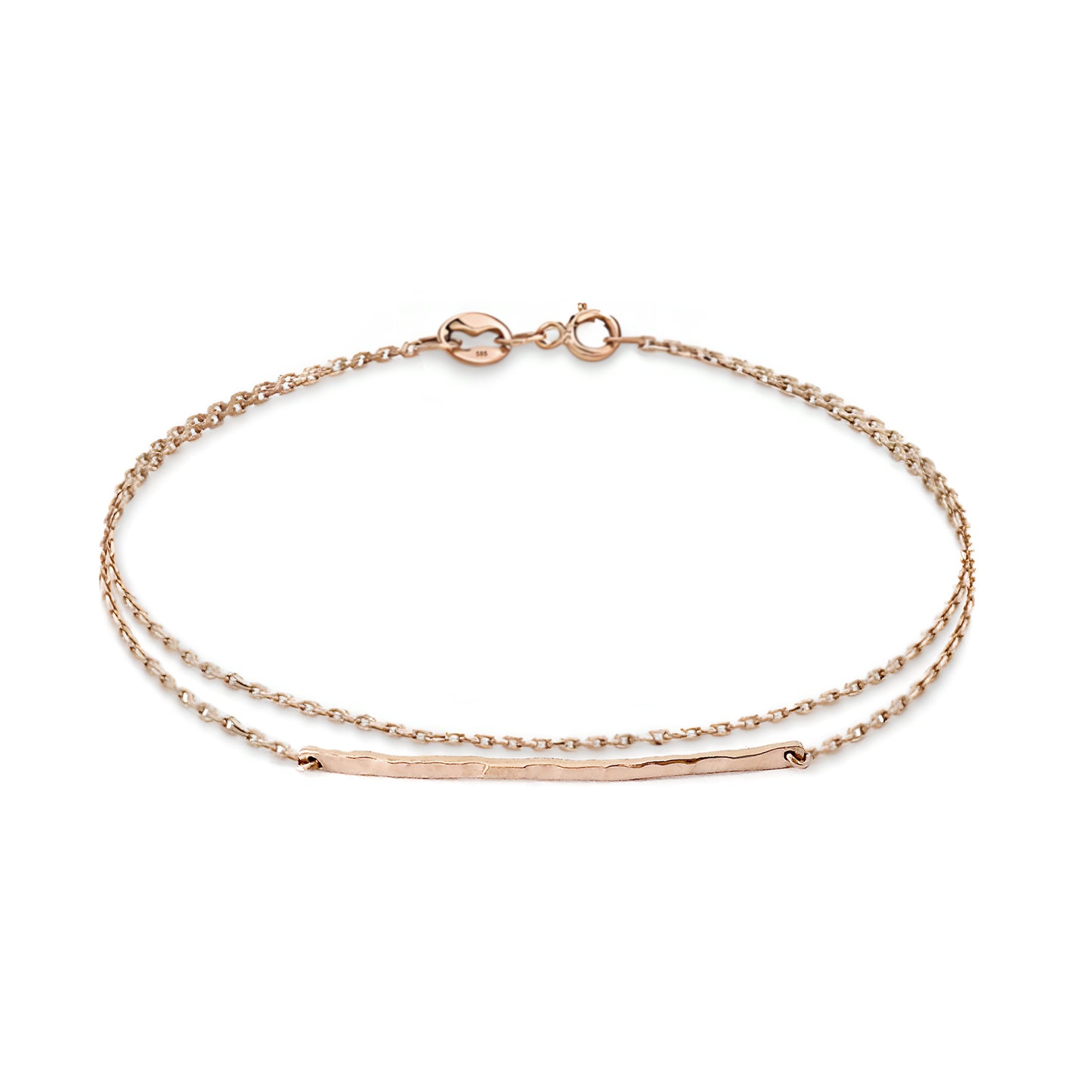 solid rose gold bracelet with a thin hammered bar and double thin chain