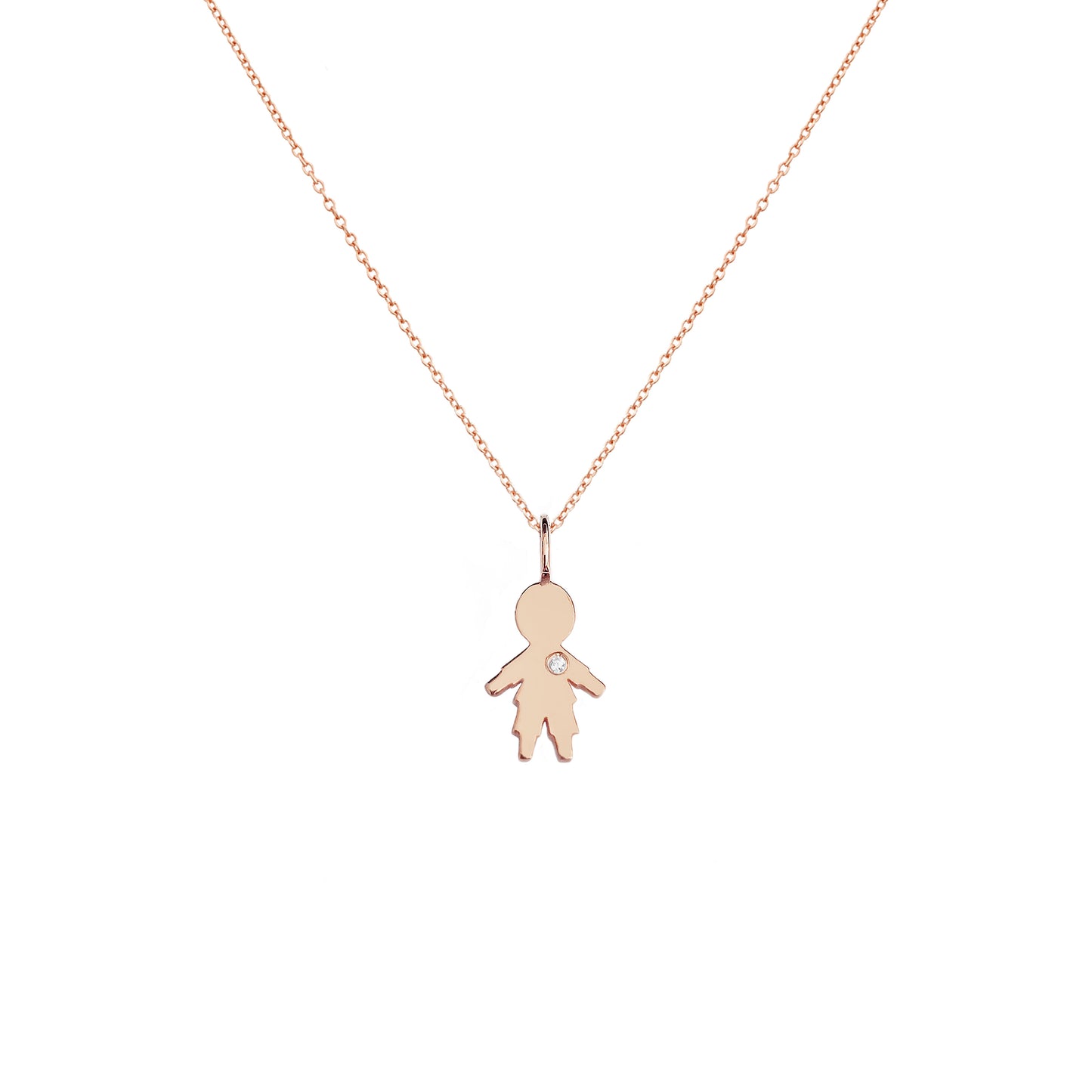 solid rose gold necklace with tiny boy outline charm set with tiny diamond