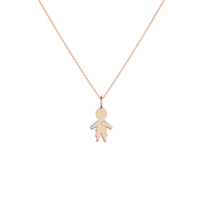 solid rose gold necklace with tiny boy outline charm set with tiny diamond