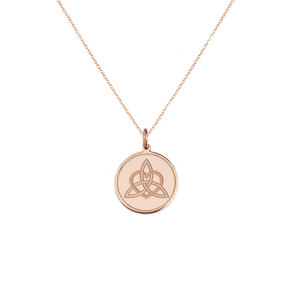 solid rose gold disc pendant necklace engraved with a triquetra everlasting love celtic knot with a circle frame around it