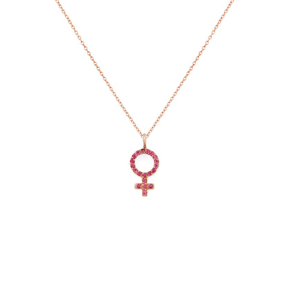 Solid Gold Female Symbol Venus Pendant Necklace with Rubies