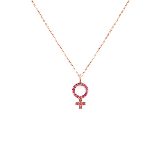 Solid Gold Female Symbol Venus Pendant Necklace with Rubies
