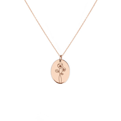 solid rose gold oval pendant necklace engraved with a Violet the birth flower of February