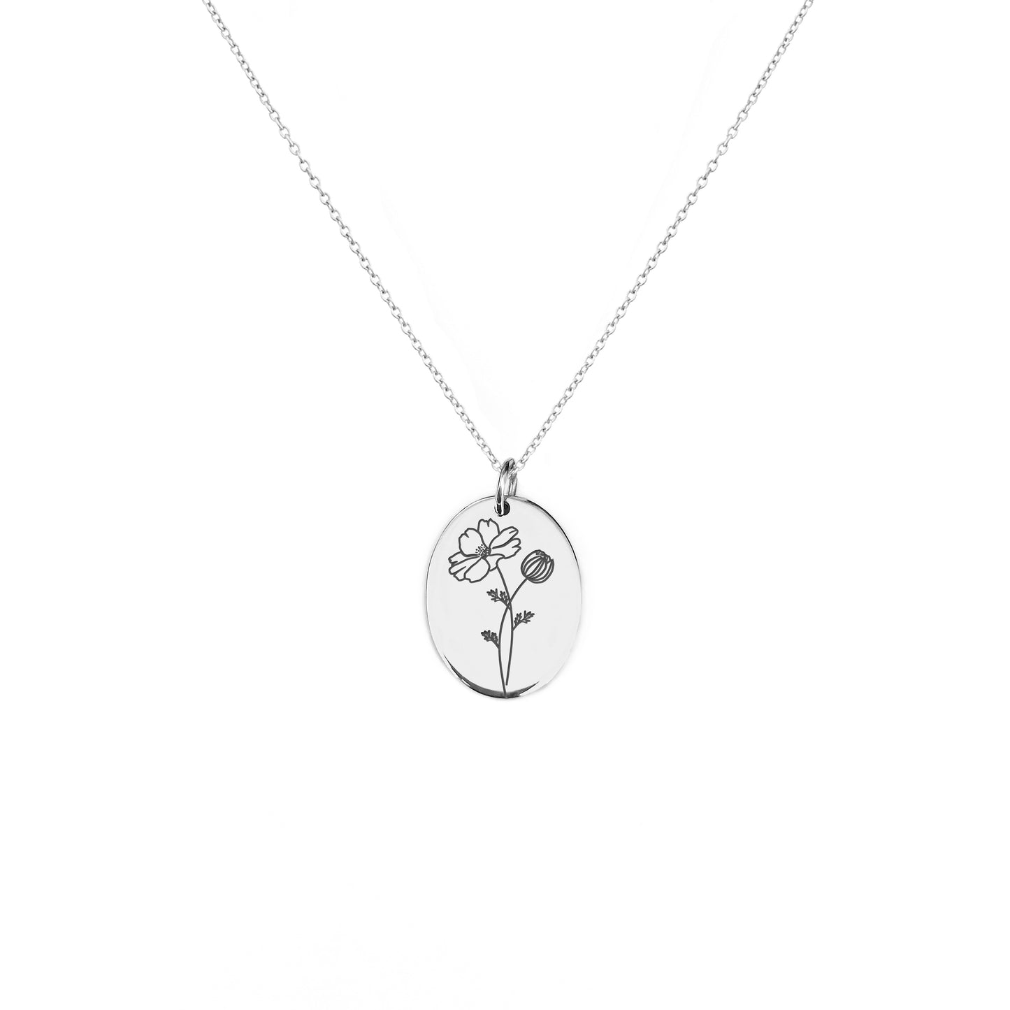 solid white gold oval pendant necklace engraved with a Cosmos the birth flower of October