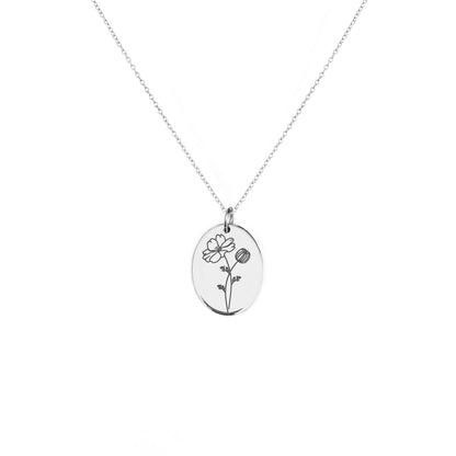 solid white gold oval pendant necklace engraved with a Cosmos the birth flower of October