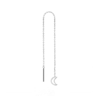 solid white gold single threader pull through earring with tiny a crescent moon