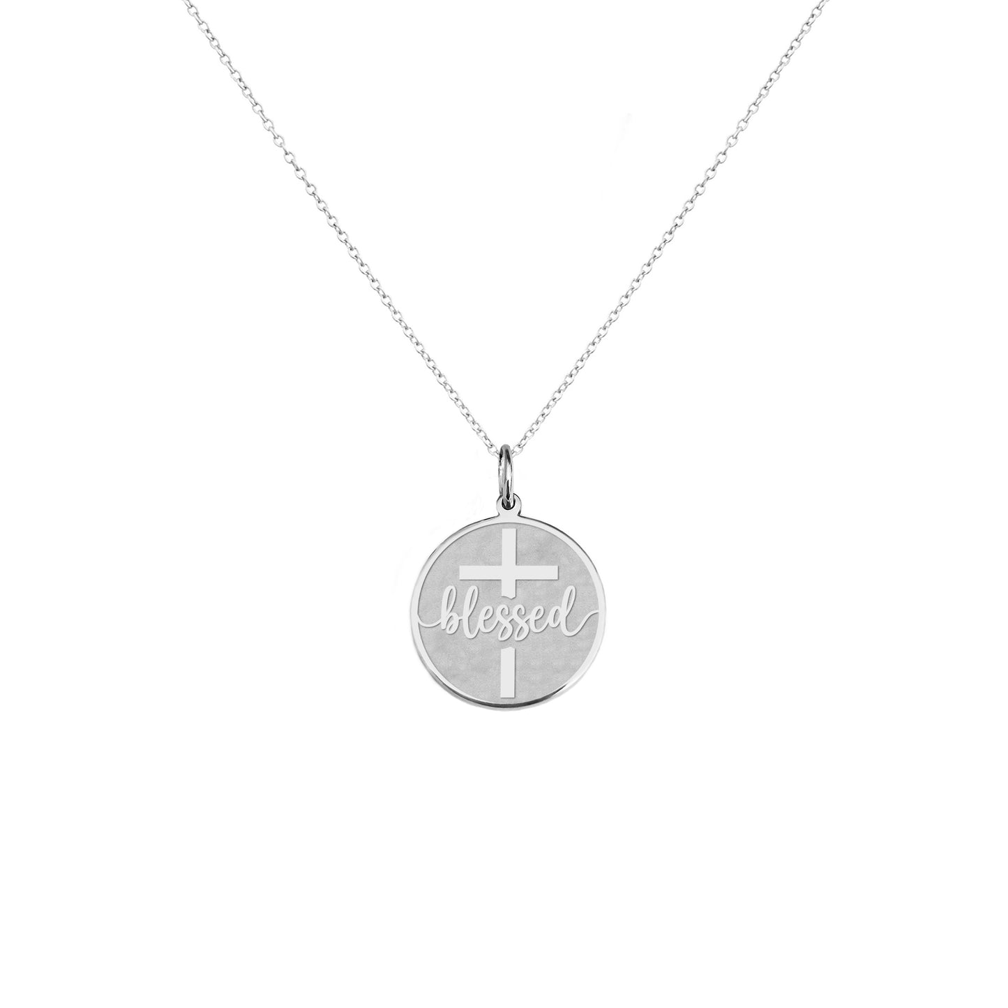 solid white gold necklace with a disc pendant engraved with the word blessed and a cross 