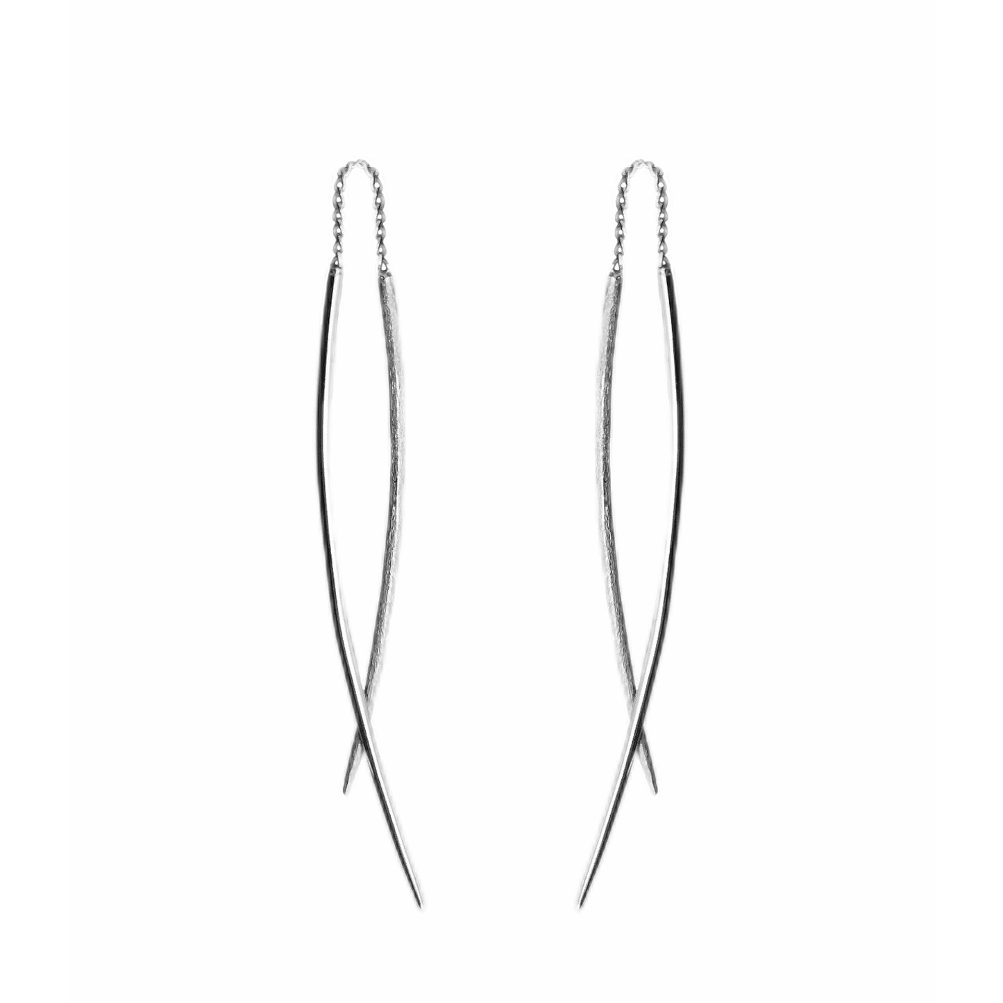 a pair of solid white gold swing threader earrings with one matte curved bar and one longer polished curved bar 