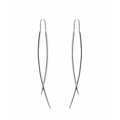 a pair of solid white gold swing threader earrings with one matte curved bar and one longer polished curved bar 