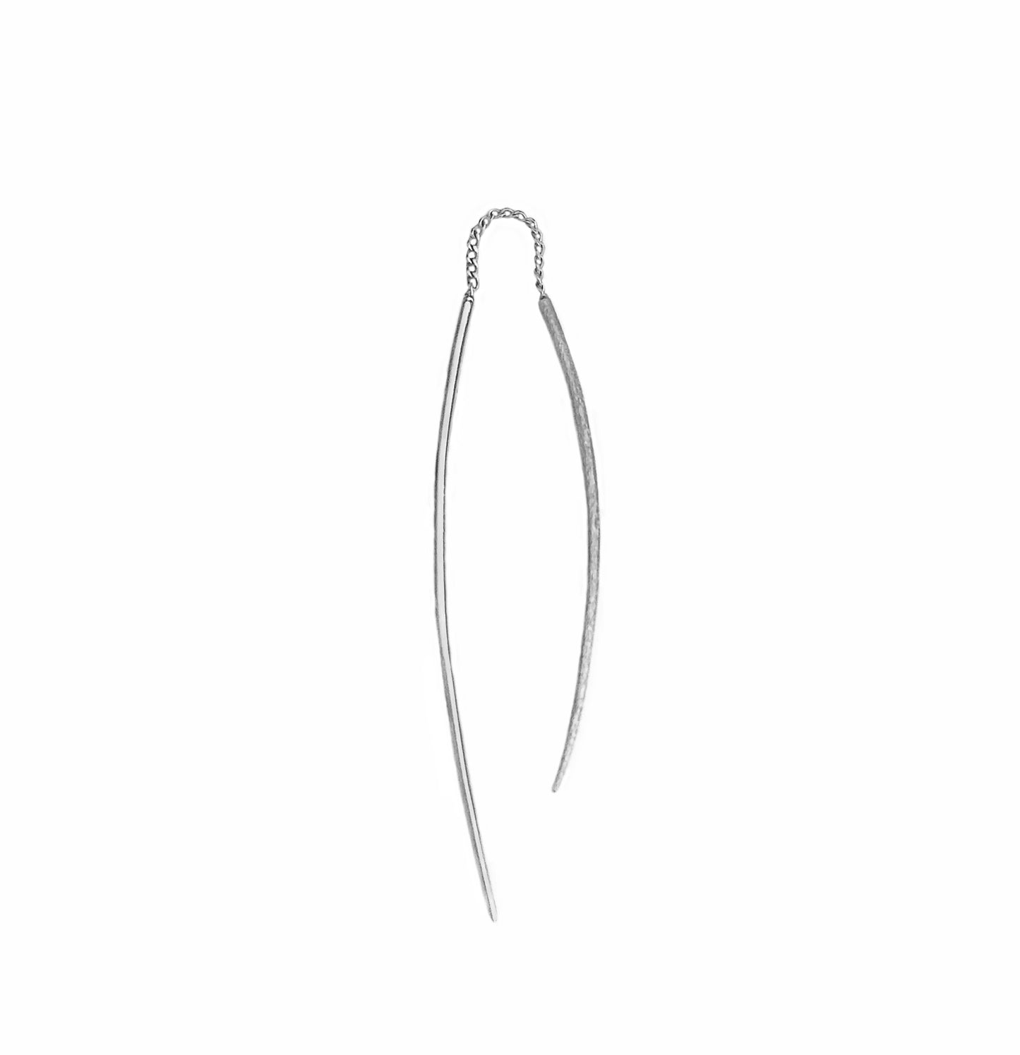 solid white gold single swing threader earring with one matte curved bar and one longer polished curved bar 